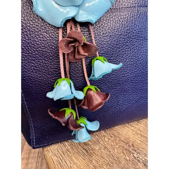 Leather Rose Purse Charm Genuine Leather Blue Flower Bag Charm NEW FAST SHIP - Picture 2 of 3